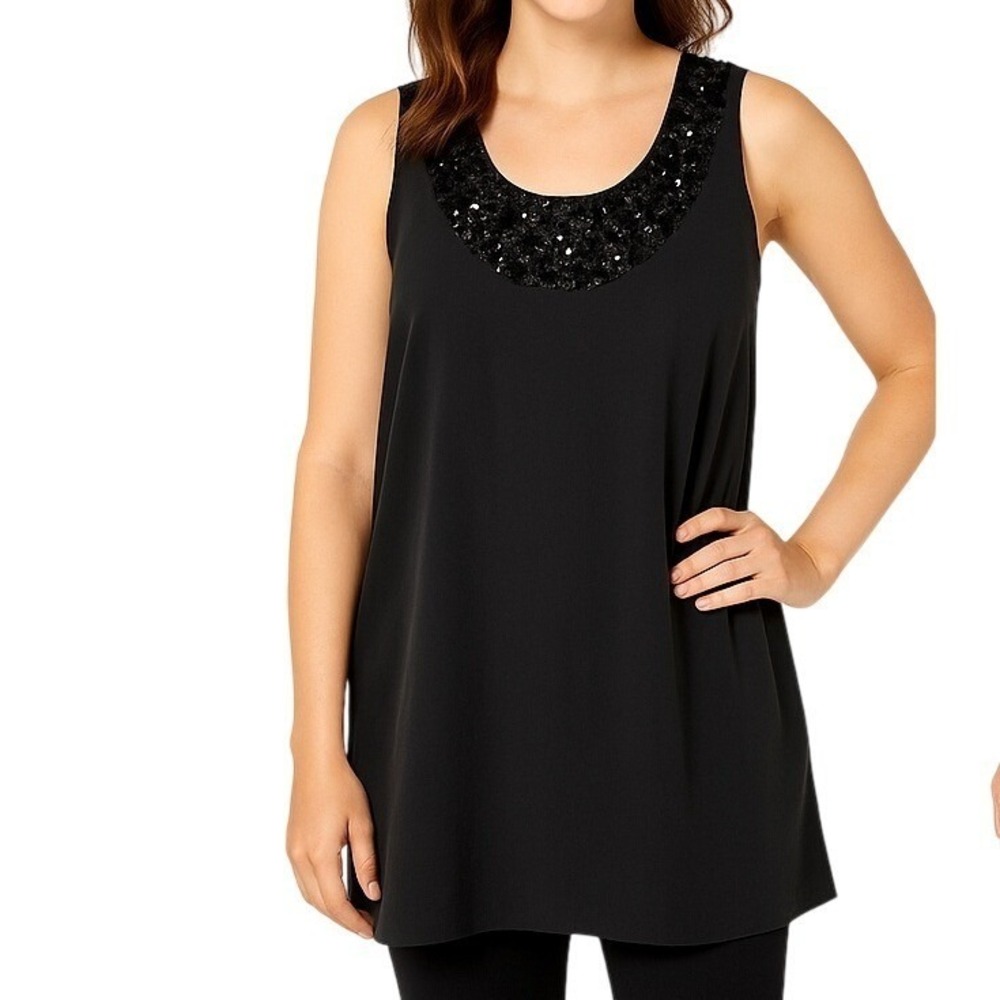 Kensie Pretty Top Large Black‎ Sleeveless Beaded Sequined Neckline Luxe Chic NEW